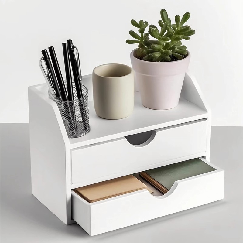 ROSE BLOOM White Wood Desk Organizer with 2 Drawer, Mini