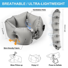 MULIHOMII Ultral Portable Pocket Inflatable Travel Pillow for Airplane and Train, 360° Adjustable Surrounding Flying Neck Pillows, Travel Neck Pillow Set with Earplugs (Extral Large, Grey)