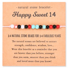 FIEEFX 14 Year Old Girls Birthday Gifts Ideas, 14th Birthday Gifts for Girls, Natural Beads Stone Birthday Bracelet Gifts for 14 Year Old Girl, Happy 14th Birthday Card for Teen Teenage Girls