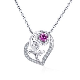 Qings Heart Birthstone Necklace with Rose Pendant 925 Silver Women's Birthstone 5A Gemstones Zirconia Necklace Birthday Mother's Day Valentine's Day Christmas Jewellery Gift for Girlfriend Mother,
