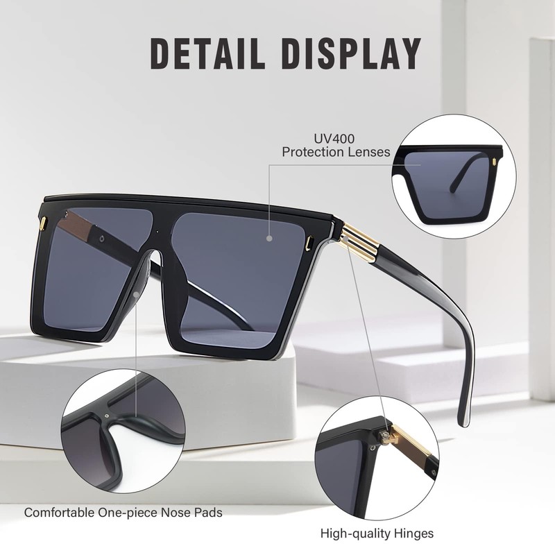 Dollger Square Oversized Sunglasses for Women Men Trendy Flat Top