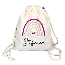 Manilu Gym Bag with Animal Motif and Name of Your Choice, Made of Organic Cotton, Backpack, Sports Bag, Laundry Bag, Children, Gift, Rainbow Heart