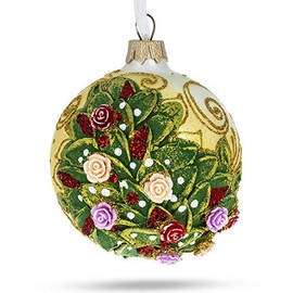 BestPysanky Embossed Roses Bouquet on White Glass Ball Christmas Ornament
