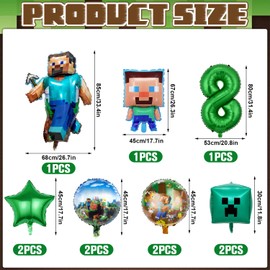 RNHDLY 8th Birthday Party Decorations Boys, 11Pcs Miner Foil Balloons, Gaming Birthday Decorations, Gaming Theme Party Supplies Decoration