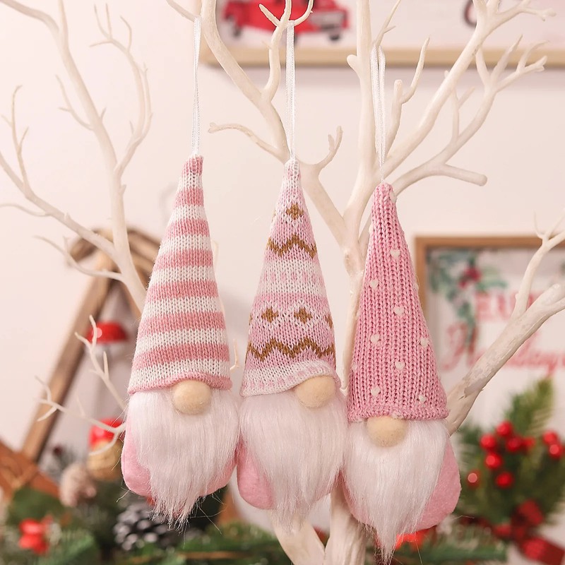 Christmas Gnome Hanging Ornaments - 3-Piece Gray Set with Patterned