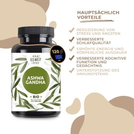 Ashwagandha Bio-Kapseln, 120 Stück, hohe Leistung, vegan, 100 % natürlich und rein, ohne Zusatzstoffe, psychisches und körperliches Wohlbefinden, gegen Stress, Adaptogen aus Indien, maximale Dosierung