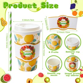 Jingmore 120 Set 16oz Summer Fruits Paper Coffee Cups with Sleeves, Lids and Straws Disposable Hawaiian Themed Juice Tea Drinking Cups Bulk for Holiday Birthday Party Wedding Baby Shower Supplies