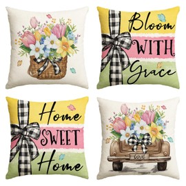 AVOIN colorlife Spring Flowers Tulip Basket Home Sweet Home Throw Pillow Covers, 18 x 18 Inch Bloom with Grace Truck Cushion Case Decorations for Sofa Couch Set of 4