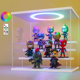 LANSCOERY Acrylic Display Case with Color Changing LED Light, Clear 4 Tier Organization, Dustproof White Display Box, Exclusive Showcase for Collectibles, Mini Figures and Funko Pop, 11.8x8.9x11inch