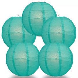 Quasimoon BULK PACK (5) 24" Teal Green Round Paper Lantern, Crisscross Ribbing, Chinese Ha