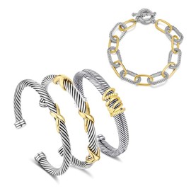 Mytys Cable Bracelet for Women Fashion Vintage Twisted Cuff Bracelet Designer Dupes Jewelry for Her - Combo: with X Bracelet+Chain Set 4PCs