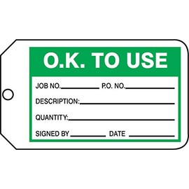 Accuform MMT325CTM PF-Cardstock Production Control Tag, Legend "O.K. to Use", 5.75" Length x 3.25" Width x 0.010" Thickness, Green/Black on White (Pack of 5)