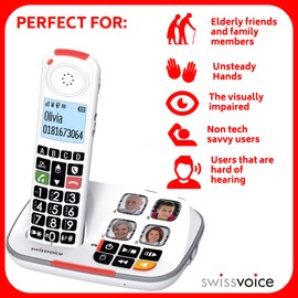 Swissvoice 2355 Single Cordless Big Button Phone for Elderly with Answer Machine - Loud Phones for Hard of Hearing - Hearing Aid Compatible Phones - Cordless Number Telephone
