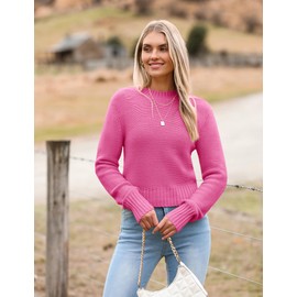Zeagoo Women's Fall Crewneck Cropped Sweater 2025 Trendy Soft Ribbed Knit Long Sleeve Pullover Jumper Tops Pink