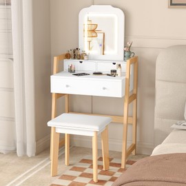 CHARMAID Small Vanity Desk with Mirror and Lights, White Makeup Vanity Desk with 3 Drawers, Adjustable Heights, 3 Color Lighting Modes, Compact Bedroom Dressing Table with Stool for Small Space