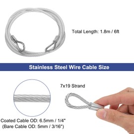 uxcell 3/16" (5mm) 6ft (1.8m) 304 Stainless Steel Cable Wire Rope with Looped Ends 7 x 19 Strands Core PVC Coated Aircraft Wire for Outdoors Marine Rigging Decking Railings
