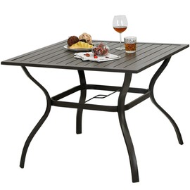 PHI VILLA 37 Inch Outdoor Dining Table Metal Steel Slat Patio Dining Table Umbrella Table with 1.57" Umbrella Hole (Brown)