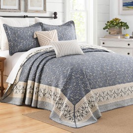 DDUOXIN Oversized King Bedspread 128"x120" - 100% Cotton Reversible California King Quilt with 2 Pillow Shams, Farmhouse Botanical Lightweight Coverlet Set, Grayish-Blue/Beige