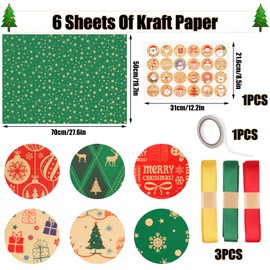 6 Styles Christmas Wrapping Paper Bulk, 50x70cm Wrapping Paper Christmas, Brown Wrapping Paper with 1 Roll Tape, Stickers, Xmas Wrapping Paper Gift with Snowflakes Christmas Trees - Red Green Kraft