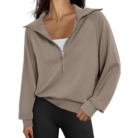 Trendy Queen Womens Crewneck Sweatshirts Half Quarter Zip Pullover Hoodies Long Sleeve Fleece Shirts Fall Outfits Clothes Teen Girls Winter Fashion Clothes 2024 CoffeeGrey XL