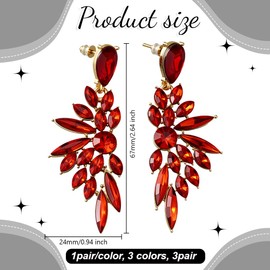 GOMAKERER 3 Pairs 3 Colors Large Crystal Cluster Teardrop Dangle Earrings for Women, Multi Rhinestone Statement Cluster Bling Long Drop Earrings for Women Party Prom