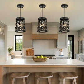 Merexcint 2 Pack Rustic Pendant Lights with Bear and Deer Design, 1-Light Black Round E26 Base Cage Metal Fixture Adjustable Hanging Height for Kitchen Island, Hallway, Dining Room, Foyer, Bedroom