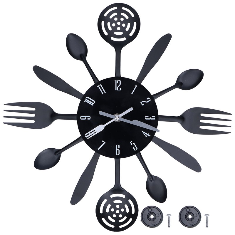Black Kitchen Wall Clock Removable Modern Cutlery Kitchen Spoon Fork