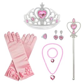 CREDIBLE Children's Princess Glitter Accessories Ultra-Luxurious 8-Piece Set (Heart Tiara, Magic Wand, Necklace, Earrings, Bracelet, Ring, Gloves Original Goods) Pink NT1013