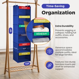 Weekly Clothes Organizer for Kids - 6-Shelf - Hanging Closet Daily Clothing Organization Labeled Shelves with Days of The Week Monday Through Friday, Weekday and Weekend (Blue)