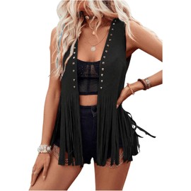 LYSINK Women Tassel Vest 70s Hippie Cowgirl Western Faux Suede Rivets Sleeveless Fringe Waistcoat Streetwear Outerwear (Ba Black, 2XL)