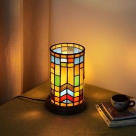 Blivuself Tiffany Style Stained Glass Bohemian Block Table lamp Living Room Bedroom Bedside Flower Vase Decor Small Night Light Mini Cute Kids Accent Cottage Aesthetic Nightstand Cylinder Desk lamp