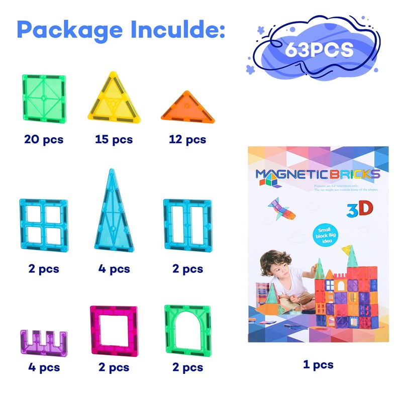 Anbalulu Magnetic Tiles, 63PCS Magnetic Blocks for Kids, Magnet Building
