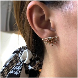 Iaceble Boho Gold Firework Earrings Crystal Sunburst Earrings Rhinestone Fan Shape Earrings cz Half Sun stud Earrings Jewelry for Women and Girls