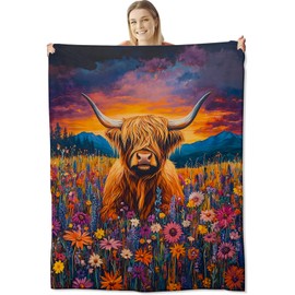 cromcu Highland Cow Flannel Throw Blanket 60x50 Inch, Cute Animal in Wildflower Field at Sunset, Vibrant Nature Art Style Blankets for Living Room, Bedroom, Sofa, Country Decor Gifts Throws