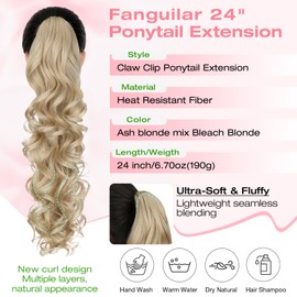 Fanguilar Ponytail Extension, 24" Claw Clip Ponytail Extension Long Curly Wavy Pony Tails Hair Extensions Synthetic Clip in Ponytail Hairpiece for Women Daily - Light Blonde Mix Bleach Blonde