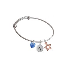 Delight Jewelry Rose Goldtone AB Crystal Lucky Star - Crystal Heart and Pebble Initial Custom Charm Bangle Bracelet