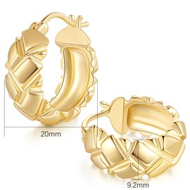 ELEBEST 14K Gold Hoop Earrings Gold Earrings for Women Trendy Mature and Confident Look with Rhombic Engravings Thick Chunky Hoop Earring for Women 20mm