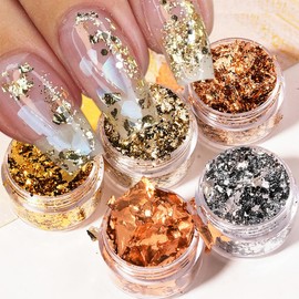 5 Bottles Holographic Nail Glitter Foils, Sparkly Ultra-Thin Aluminum Foil Gold Leaf Flakes for Acrylic Nails, Resin Crafts, DIY Manicure & Art Decorations