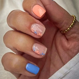 Press on Nails Short Square Blue Orange Fake Nails with Design Flowers Glossy Glue on Nails Cute Artificial Nails Summer Nails Press ons Full Cover Acrylic Stick on Nails for Women Manicure 24Pcs