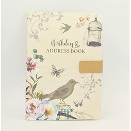 Sixstore Telephone Address & Birthday Book A-Z Index Beautiful Fabric Vintage Style Cover A5 Size Soft Padded Cover Address & Birthday Book with Magnetic Lock - Bird