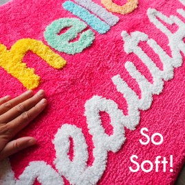 Evovee Hello Beautiful Bath Mat Cute Bathroom Rugs for Girls You Look Good Gorgeous Funny Shower Fun Bathroom Decor Non-Slip Washable Kids Women Dark Hot Pink Magenta Rainbow Colorful