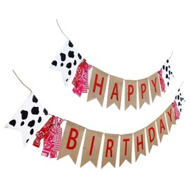 Silvima Farm Theme Birthday Banner Burlap Barn Party Sign Cow Print Fabric Happy Bday Banner Decorations