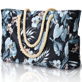 Becokan - Bolsas de playa para mujer, tamaño grande, impermeable, con cierre, impermeable, a prueba de arena, para piscina, bolsa grande, Flor negra, L