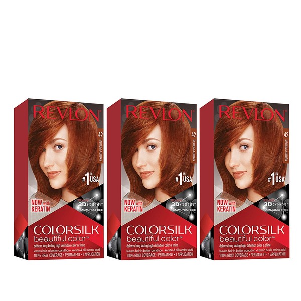 Revlon Colorsilk Beautiful Color Permanent Hair Color with 3D Gel Technology & Keratin, 100% Gray Coverage Hair Dye, 42 Medium Auburn, 4.4 oz (Pack of 3)