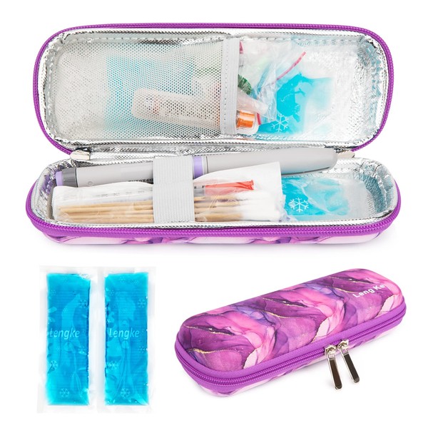 YOUSHARES Insulin Cooler Travel Case - EVA Diabetic Insulated Organizer Portable Cooling Case for Medication Cooling Insulation, Epi Pen Carrying Bag with 2 Ice Pack (Marble Purple)