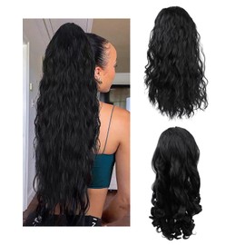 WOJVVK 2PCS Clip on Ponytails for Black Women, Long Curly Wavy Draw String Ponytail Hair Extension
