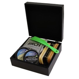 BIRCH Charles Shoe Shine Care Set Box, Shoe and Leather Care, 8 Pieces inc 2x Shoe Polishes, 2x Shoe Brushes, 2x Cloths, 1x Shoe Lift, 1x Solid Black Hinged Box Shoe Care Kit