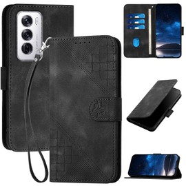 Oduio Oppo Reno 12/12 Pro 6.7" Flip Case - Black PU Leather & TPU with Kickstand, 3 Card Slots, Magnetic Clasp & Wrist Strap