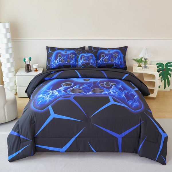 ZRNBAST Kids Gaming Comforter Set Twin Size Blue Gamepad Gaming