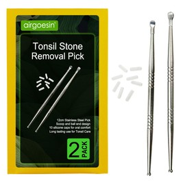 Airgoesin 2pcs Tonsil Stone Removal Pick Tonsillolith Premium Tool Stainless Steel Oral Cleaner with 10 Soft Silicone Caps